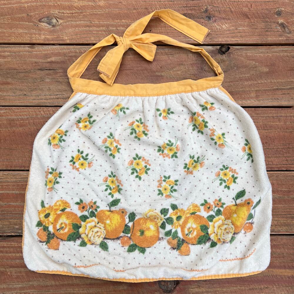Vintage 70s Terrycloth Apron Fruit Floral Yellow Tie Back Retro Kitchen Hostess